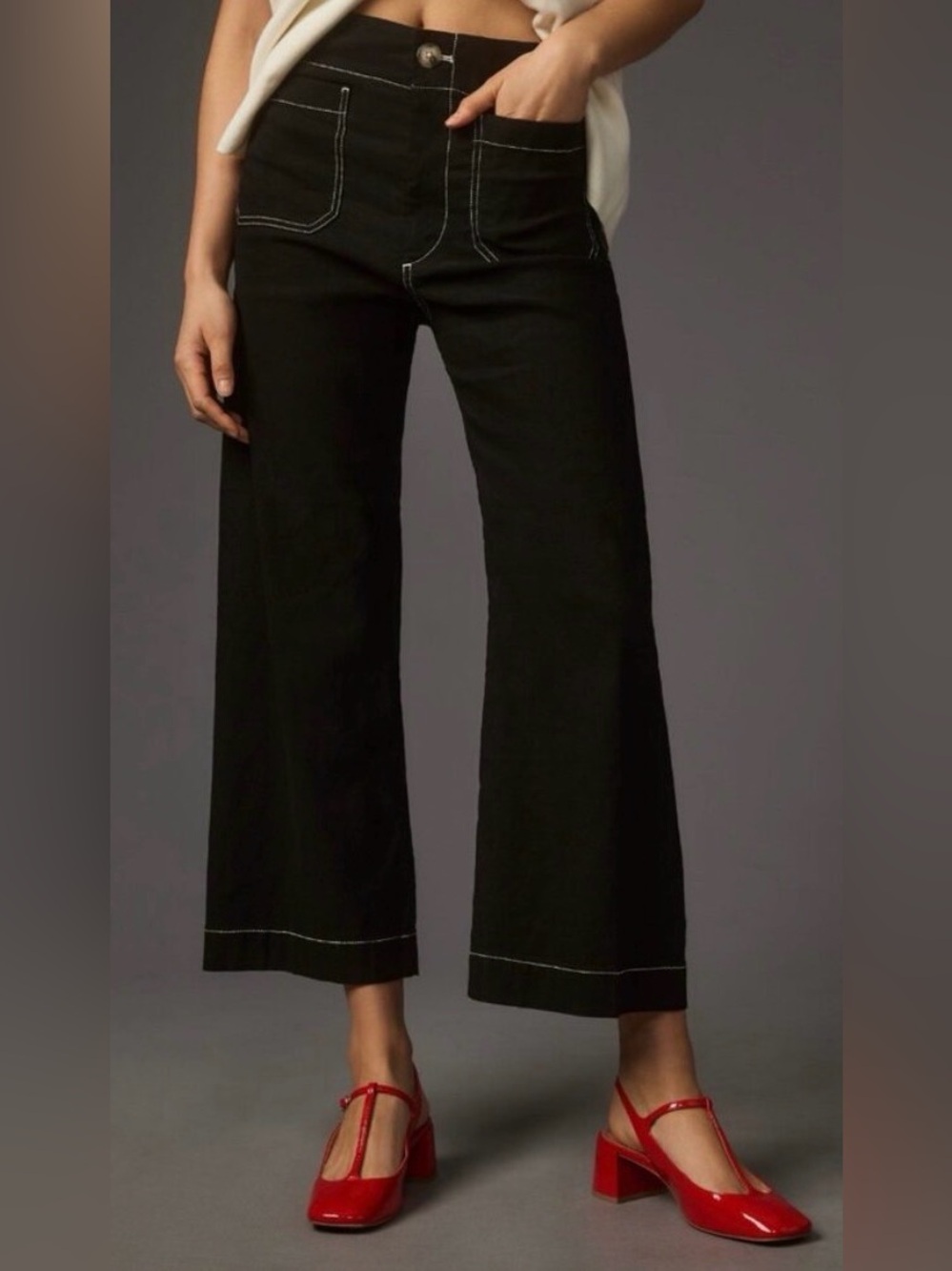 The Colette Ponte Contrast-Stitch Crop Wide-Leg Pants by Maeve | black | size 25
